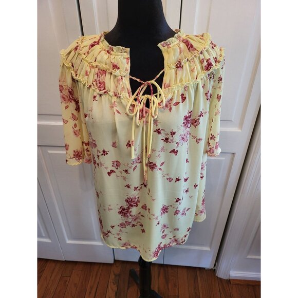 Cato Tops - Yellow/Pink Floral Ruffle Blouse Flowy Butterflies sz L Cottage Fairy Coquette